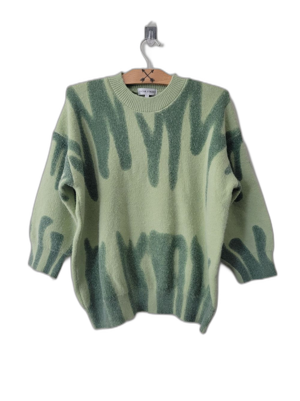 Soft Cozy Light Green Crewneck Sweater with Dark Green Abstract Pattern